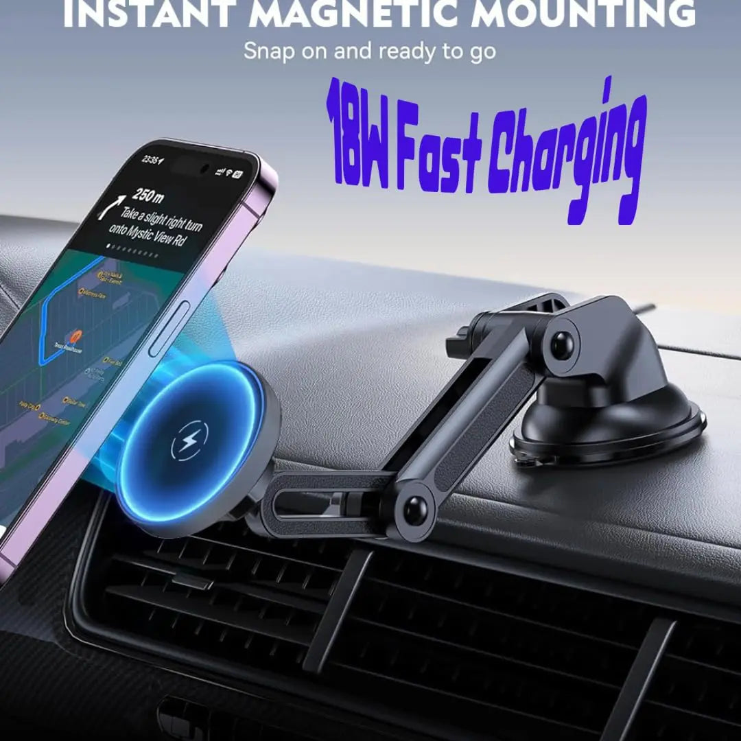 3-in-1 Wireless Fast Charging with Magnetic Suction Cup Mount for Windshield, Vent, or Dash, Type-C Input, 15W Output Power