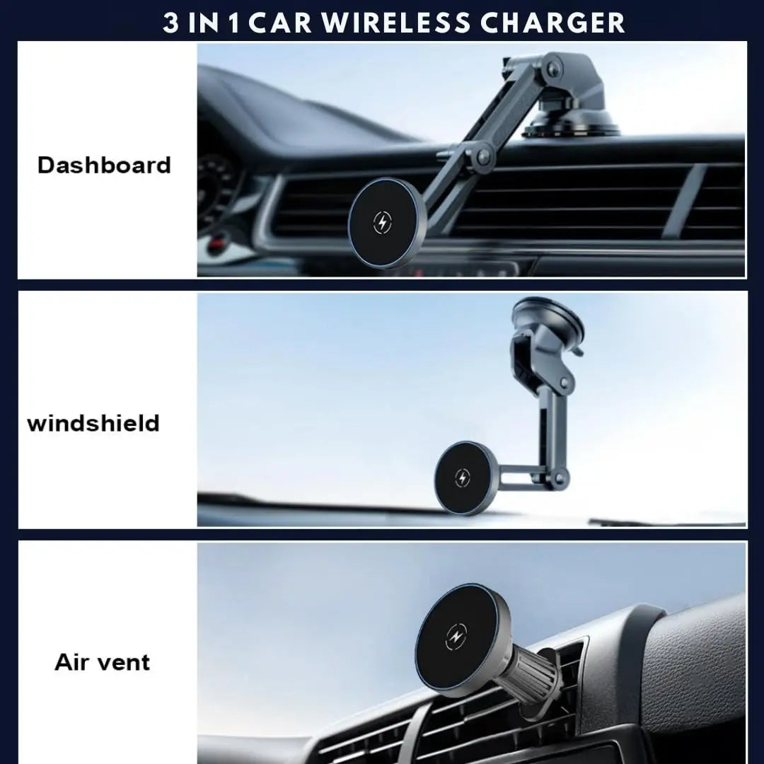3-in-1 Wireless Fast Charging with Magnetic Suction Cup Mount for Windshield, Vent, or Dash, Type-C Input, 15W Output Power
