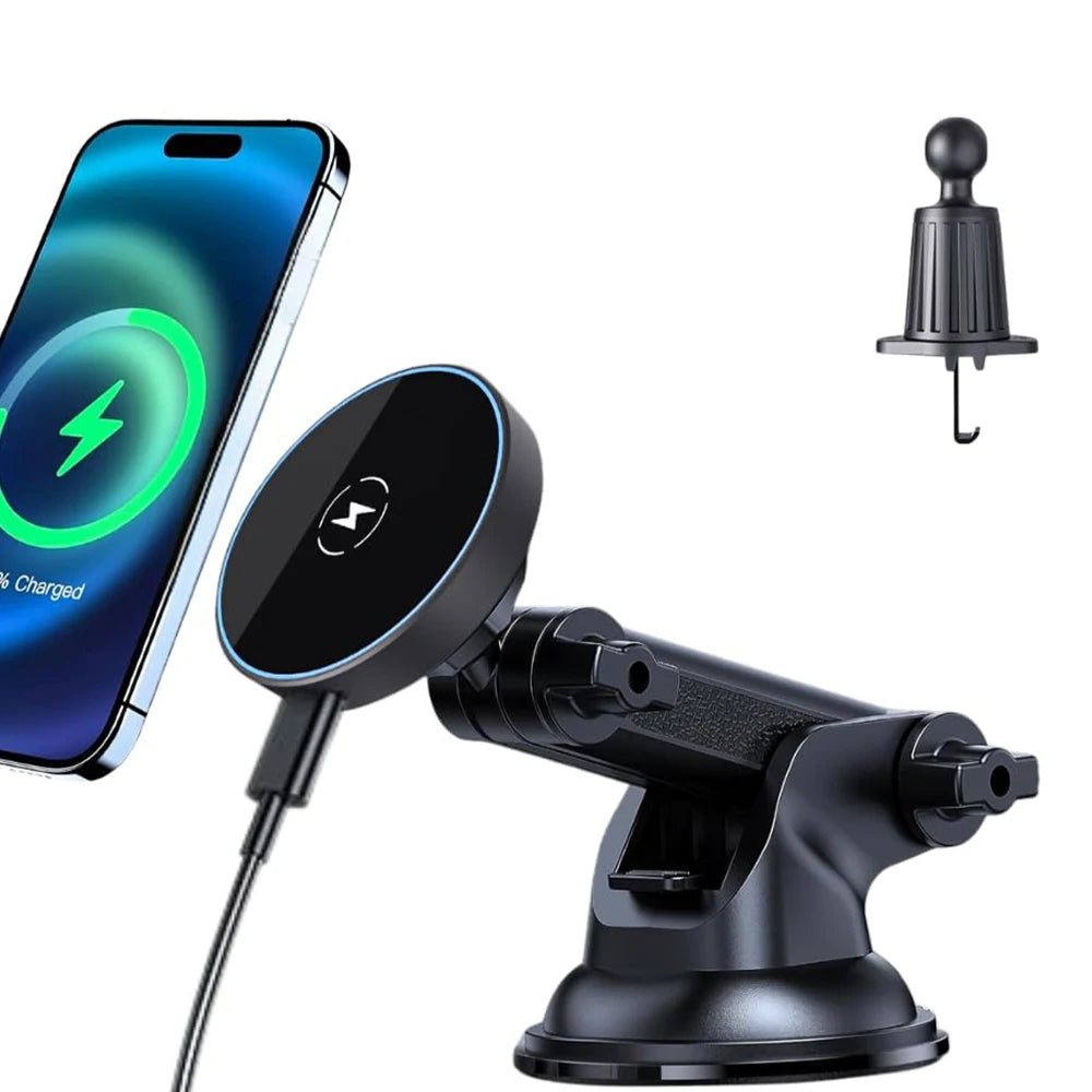 3-in-1 Wireless Fast Charging with Magnetic Suction Cup Mount for Windshield, Vent, or Dash, Type-C Input, 15W Output Power