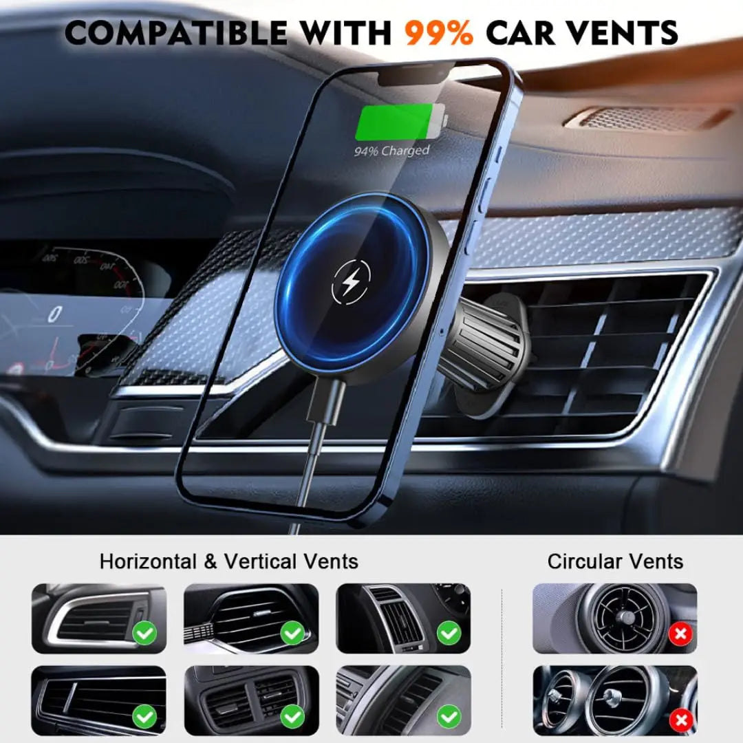 3-in-1 Wireless Fast Charging with Magnetic Suction Cup Mount for Windshield, Vent, or Dash, Type-C Input, 15W Output Power
