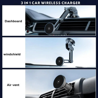 3-in-1 Wireless Fast Charging with Magnetic Suction Cup Mount for Windshield, Vent, or Dash, Type-C Input, 15W Output Power
